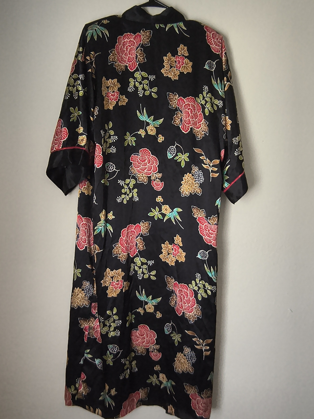 California Dynasty Black Floral Satin Robe with Gold and Pink Accents